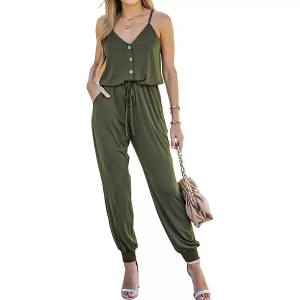 imageCUPSHE Womens V Neck Button Drawstring Jogger Romper Jumpsuit Spaghetti Straps OutfitGreen
