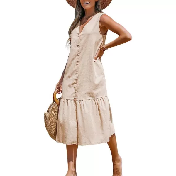 imageCUPSHE Womens V Neck Button Flounce Long Dress Ruffled A Line Sleeveless Maxi DressApricot