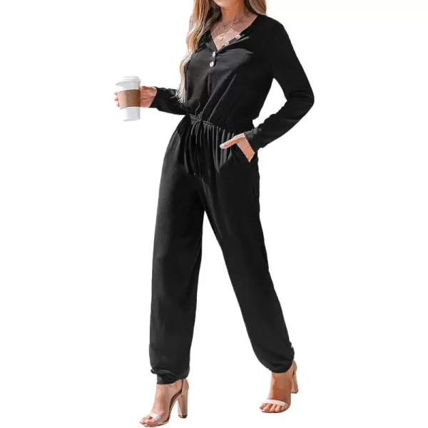 imageCUPSHE Womens V Neck Button Front Black Drawstring Long Jumpsuit Overalls Long Sleeve Casual Jumpsuit with PocketsBlack