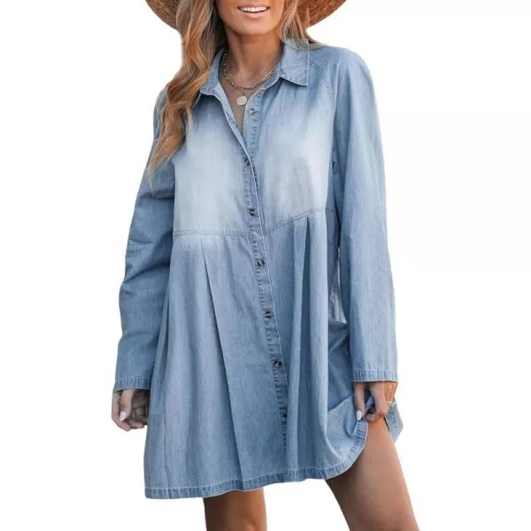 imageCUPSHE Womens V Neck Button Long Sleeve Denim A Line Mini Dress Light BlueLight Blue