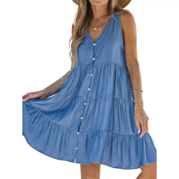 imageCUPSHE Womens V Neck Button Mini Dress A Line Sleeveless Ruffled Summer Dress Short DressBlue