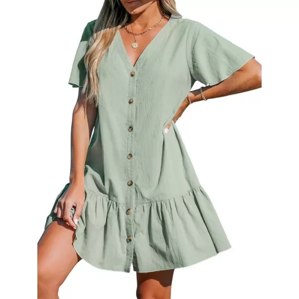 imageCUPSHE Womens V Neck Button Short Sleeve Flounce Beach Summer Mini Cover Up DressSage Green