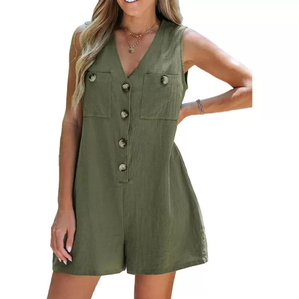 imageCUPSHE Womens V Neck Button Sleeveless Pockets Front Short Romper Summer Casual Overalls Mini JumpsuitOlive Green
