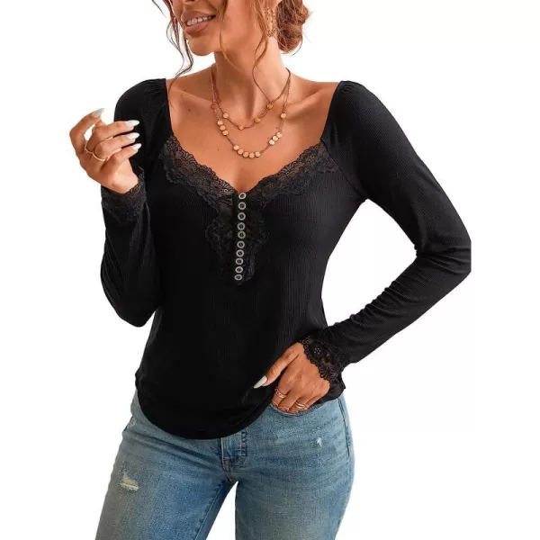 imageCUPSHE Womens V Neck Camis Tank Top Solid Lace Long Sleeve Blouse Lace Henley TeeBlack
