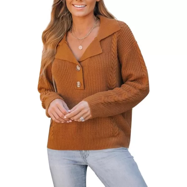 imageCUPSHE Womens V Neck Casual Long Sleeves Button Ribbed Knitted Pullover SweaterBrown