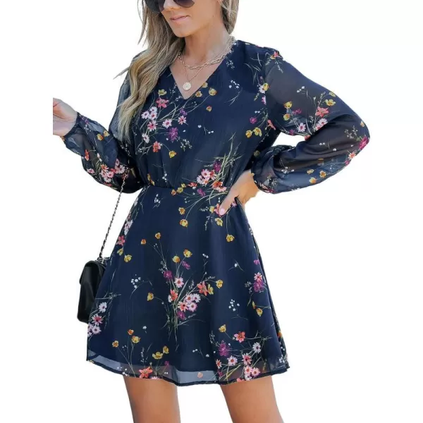 imageCUPSHE Womens V Neck Chiffon Floral Print Sheer Long Sleeve A Line Mini Dress Navy BlueNavy Blue