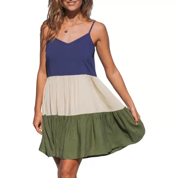 imageCUPSHE Womens V Neck Colorblock Sleeveless Flounce Beach Summer Mini Cami DressBlueGreen