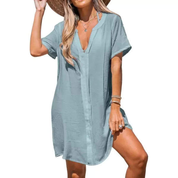 imageCUPSHE Womens V Neck Cover Up Dress Short Sleeve Semisheer Beach Mini DressBlue