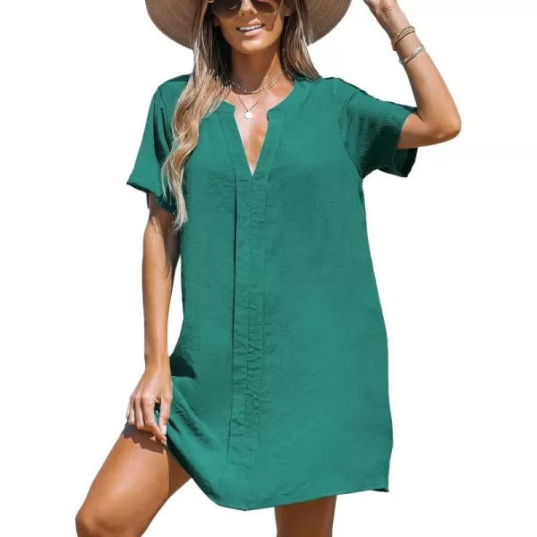 imageCUPSHE Womens V Neck Cover Up Dress Short Sleeve Semisheer Beach Mini DressGreen