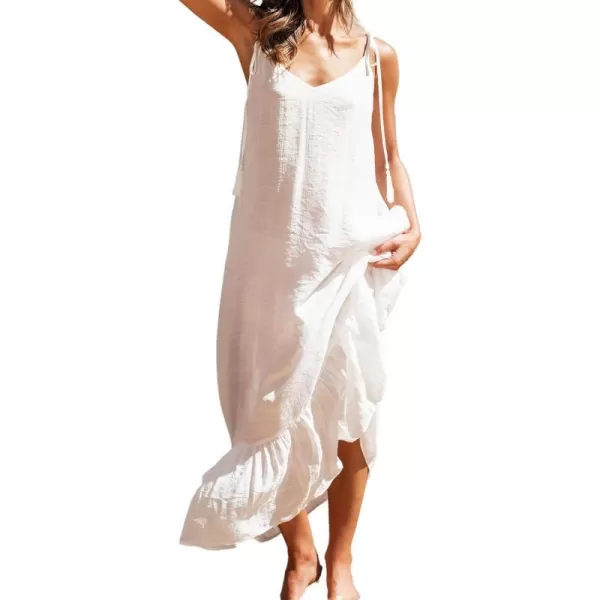 imageCUPSHE Womens V Neck Cover Up Dress Sleeveless Ruffled Spaghetti Straps Beach Maxi DressWhite