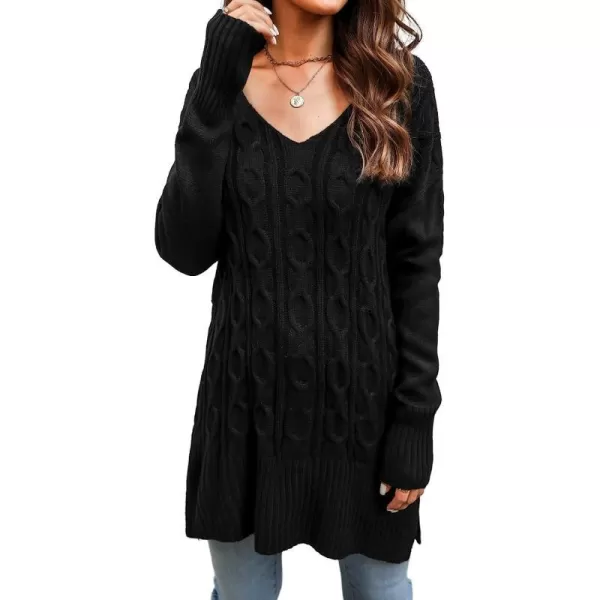 imageCUPSHE Womens V Neck Crochet Sweater Long Sleeve Chunky Casual Knitted Pullover Sweater DressBlack
