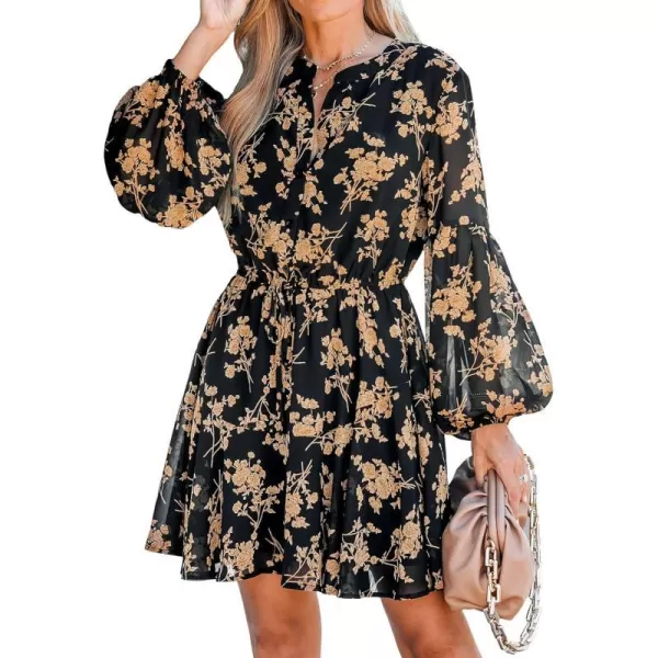 imageCUPSHE Womens V Neck Disty Floral Print Long Sleeve Button Front Mini Dress Casual Belted A Line Short DressBlack
