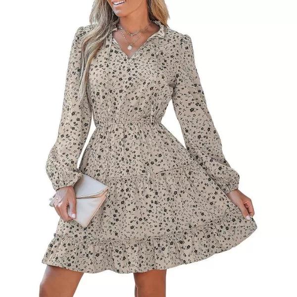 imageCUPSHE Womens V Neck Disty Floral Print Tiered Ruffled Long Sleeve Mini Dress Casual Drawstring A Line Short DressTan