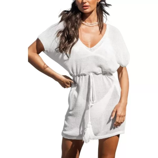 imageCUPSHE Womens V Neck Elastic Waist Tassel Cover Up Dress Short Sleeve Fringe Beach Mini DressWhite