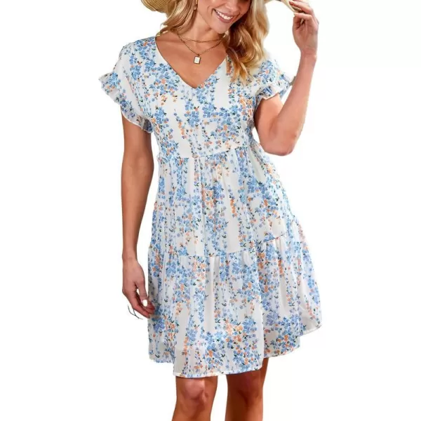 imageCUPSHE Womens V Neck Floral Babydoll Mini Dress Short Sleeve Tiered Flowying A Line DressWhite