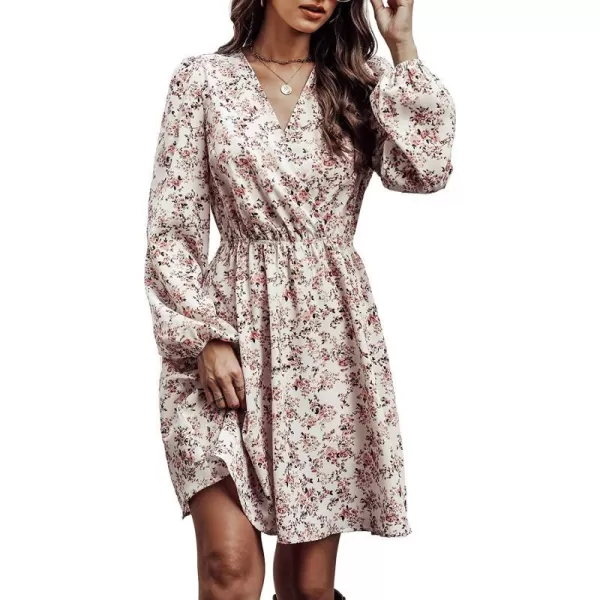 imageCUPSHE Womens V Neck Floral Mini Dress Long Sleeve A Line SurpliceWhite