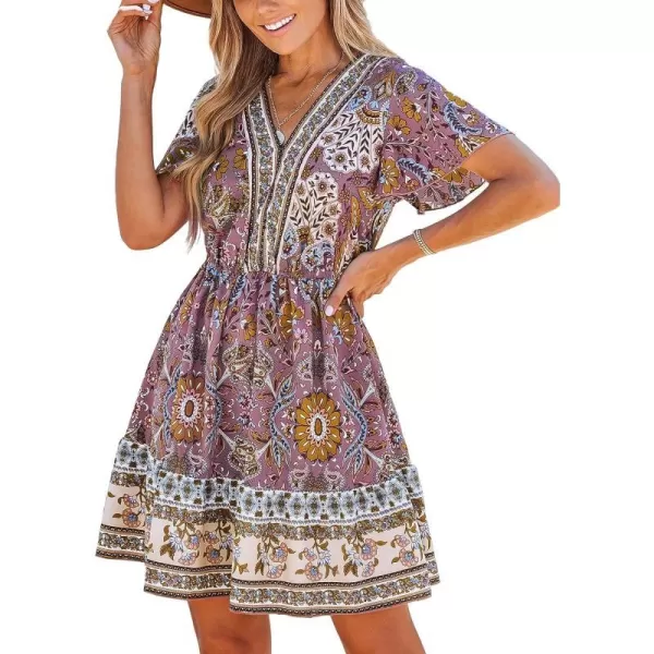 imageCUPSHE Womens V Neck Floral Paisley Print Short Sleeve Bohemia Mini Dress Casual A Line Summer Short DressPurple Floral