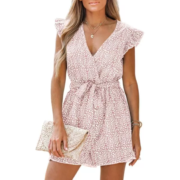 imageCUPSHE Womens V Neck Floral Print Belted Elastic Waist Romper Ruffled Cap Sleeves Mini JumpsuitPink