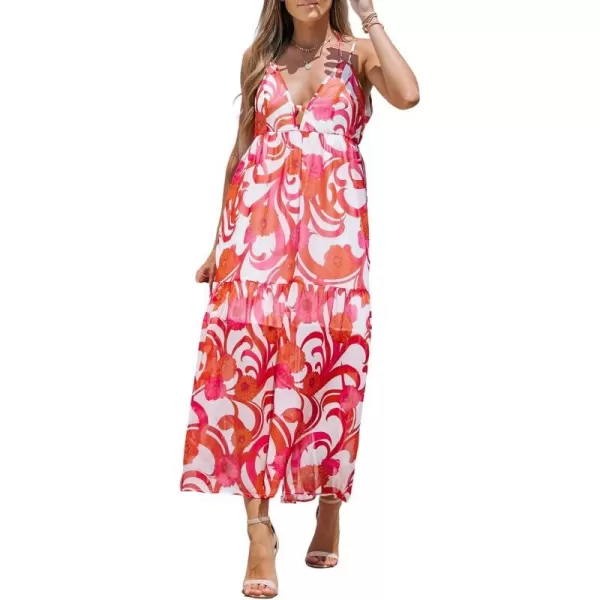 imageCUPSHE Womens V Neck Floral Print Chiffon Dress Ruffled Formal Dress Maxi Cami Straps DressRed