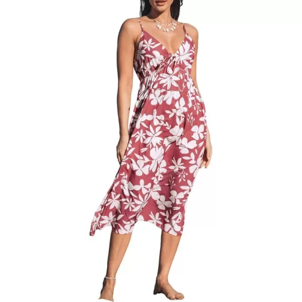 imageCUPSHE Womens V Neck Floral Print Drawstring Front Midi Dress A Line Long Cami DressRed