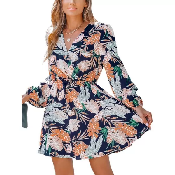 imageCUPSHE Womens V Neck Floral Print Long Sleeve Elastic Waist A Line Mini Dress NavyNavy Floral