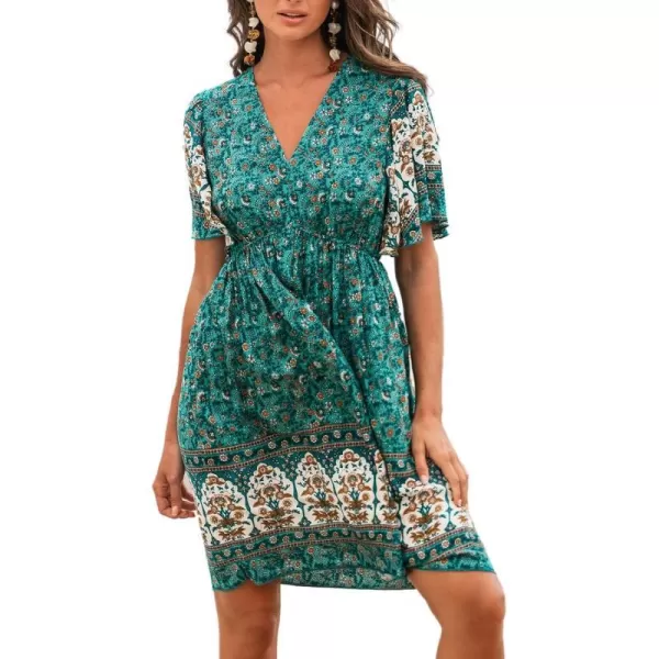 imageCUPSHE Womens V Neck Floral Print Short Dress Elastic Waist Short Sleeve Formal Dress A Line Mini DressGreen Floral