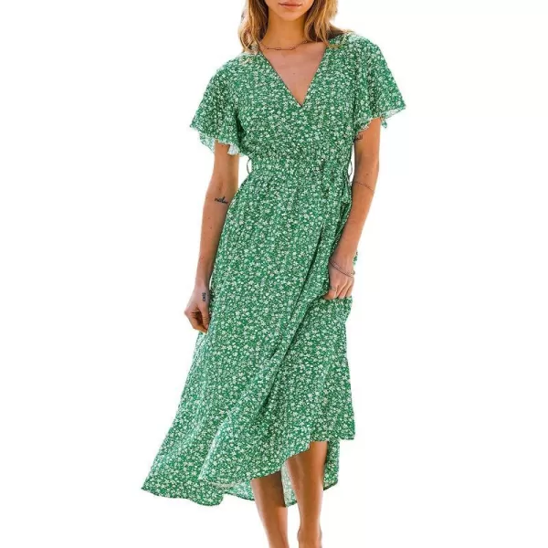 imageCUPSHE Womens V Neck Floral Print Short Sleeve Midi Dress Casual A Line Belted Summer Long DressGreen Floral