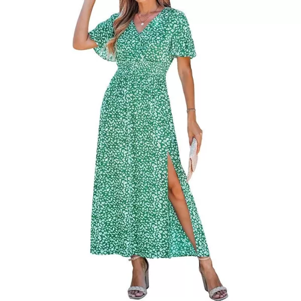 imageCUPSHE Womens V Neck Floral Print Short Sleeve Smocked Maxi Dress Casual A Line Side Slit Summer Long DressGreen