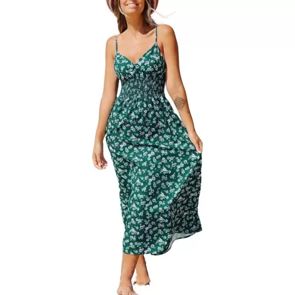 imageCUPSHE Womens V Neck Floral Smocked Midi Dress Spaghetti Straps Slip A Line DressGreen