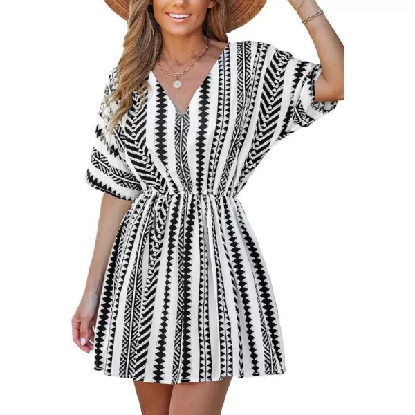 imageCUPSHE Womens V Neck Geo Print Beach Dress Short Sleeve Mini DressBlack Paisley