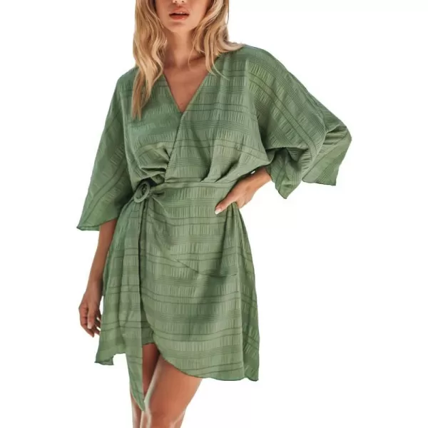imageCUPSHE Womens V Neck Half Dolman Sleeve Warp Pleated Fitted A Line Mini Dress Sage GreenSage Green