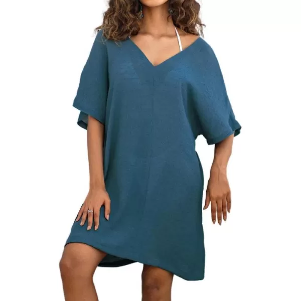 imageCUPSHE Womens V Neck Half Sleeve Short CoverUp Cutout Back Mini DressBlue