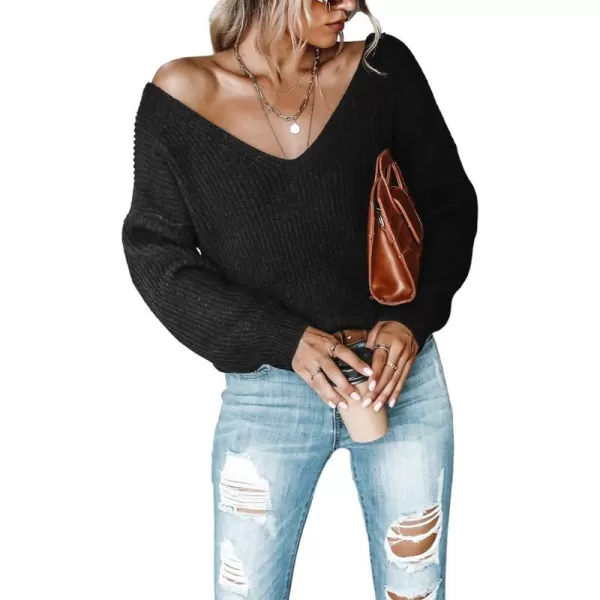 imageCUPSHE Womens V Neck Knit Sweaters Casual Pullover Oversized Fit Top with Long SleevesBlack