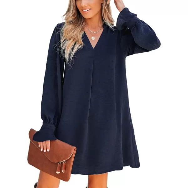 imageCUPSHE Womens V Neck Long Puff Sleeve Ruching A Line Dress Navy BlueNavy Blue