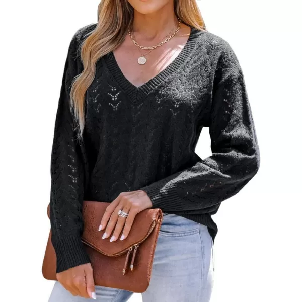imageCUPSHE Womens V Neck Long Sleeve Casual Hollow Out Sweater Pointelle Knit Tops Warm Pullover SweaterBlack
