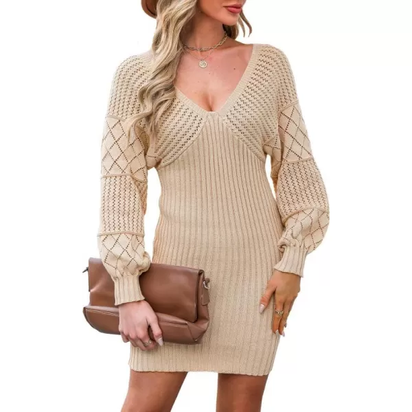 imageCUPSHE Womens V Neck Long Sleeve Casual Sweater Dress Knit Warm Bodycon Pullover SweaterTan