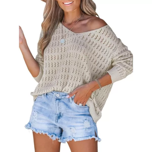 imageCUPSHE Womens V Neck Long Sleeve Crochet Apricot Coverup Top Winter Casual Knit Pullover SweaterApricot