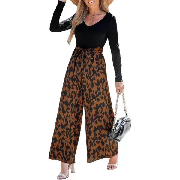 imageCUPSHE Womens V Neck Long Sleeve SelfTie Belted Long Jumpsuit Overalls Abstract Print Casual JumpsuitOrange Leopard
