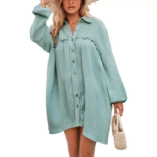 imageCUPSHE Womens V Neck Long Sleeves A Line Button Mini Shirt Dress SolidMint