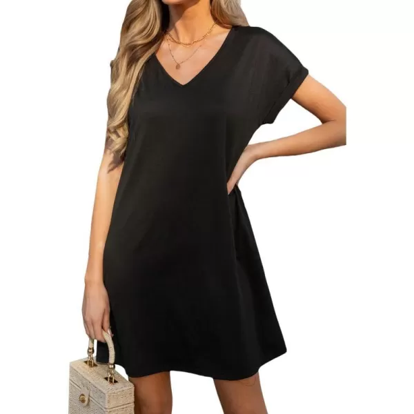 imageCUPSHE Womens V Neck Mini Dress Short Sleeve Loose Fit A Line Jersey Short Casual Summer DressBlack