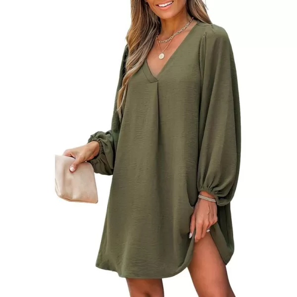 imageCUPSHE Womens V Neck Olive Green Long Sleeve Loose Fit Mini Dress Casual A Line Woven Short DressOlive Green