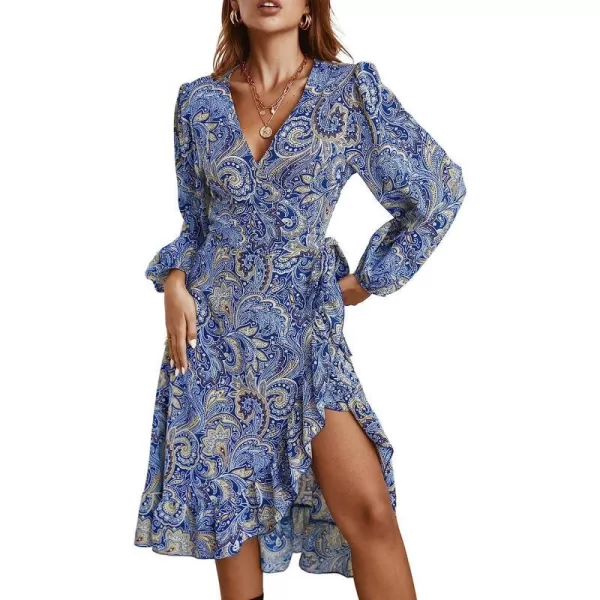 imageCUPSHE Womens V Neck Paisley Midi Length Dresses Flounce Long Sleeves Dress with BeltMulticolor