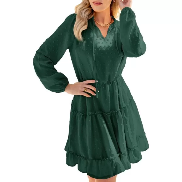 imageCUPSHE Womens V Neck Pom Pom Long Sleeve Ruffled Drawstring A Line Mini Dress GreenGreen