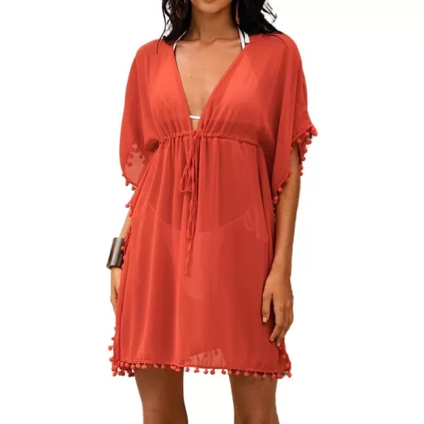imageCUPSHE Womens V Neck Self Tied Pom Pom CoverUp Short Sleeves Mini DressBurnt Orange