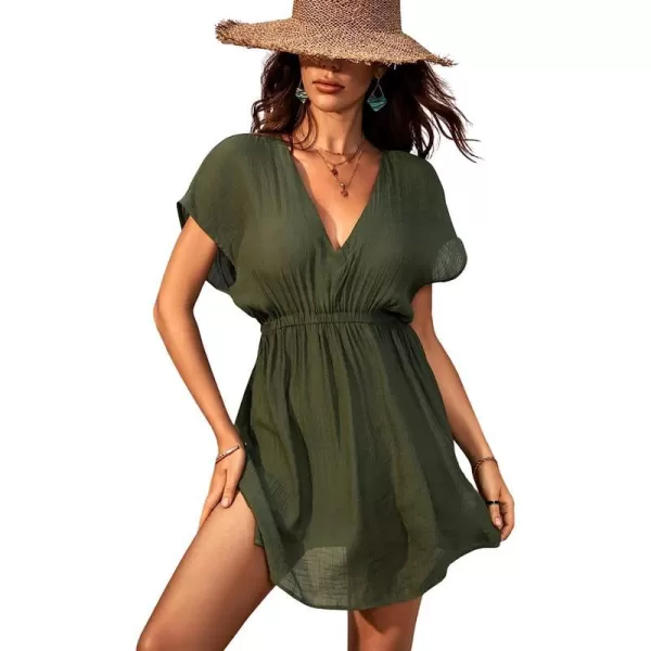 imageCUPSHE Womens V Neck Shadow Striped Elastic Waist Cover Up Dress Short Sleeve Beach Mini DressDark Green