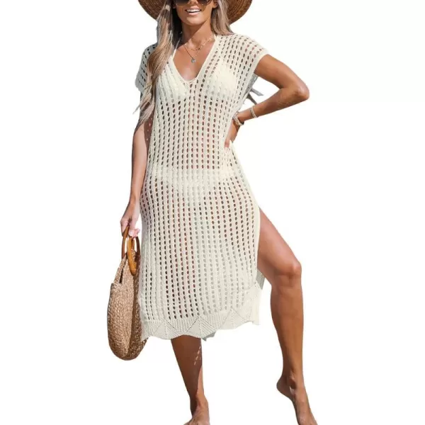 imageCUPSHE Womens V Neck Sheer Crochet Loose Cover Up Dress Short Sleeve Side Slit Beach Mini DressBeige
