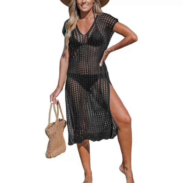 imageCUPSHE Womens V Neck Sheer Crochet Loose Cover Up Dress Short Sleeve Side Slit Beach Mini DressBlack