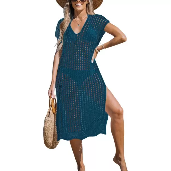 imageCUPSHE Womens V Neck Sheer Crochet Loose Cover Up Dress Short Sleeve Side Slit Beach Mini DressBlue
