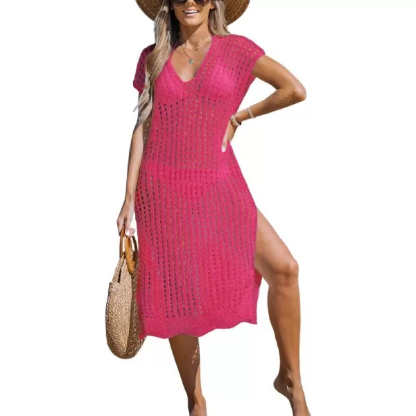 imageCUPSHE Womens V Neck Sheer Crochet Loose Cover Up Dress Short Sleeve Side Slit Beach Mini DressRose Red