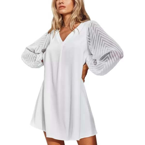 imageCUPSHE Womens V Neck Sheer Long Sleeve Loose Fit A Line Mini Dress WhiteWhite